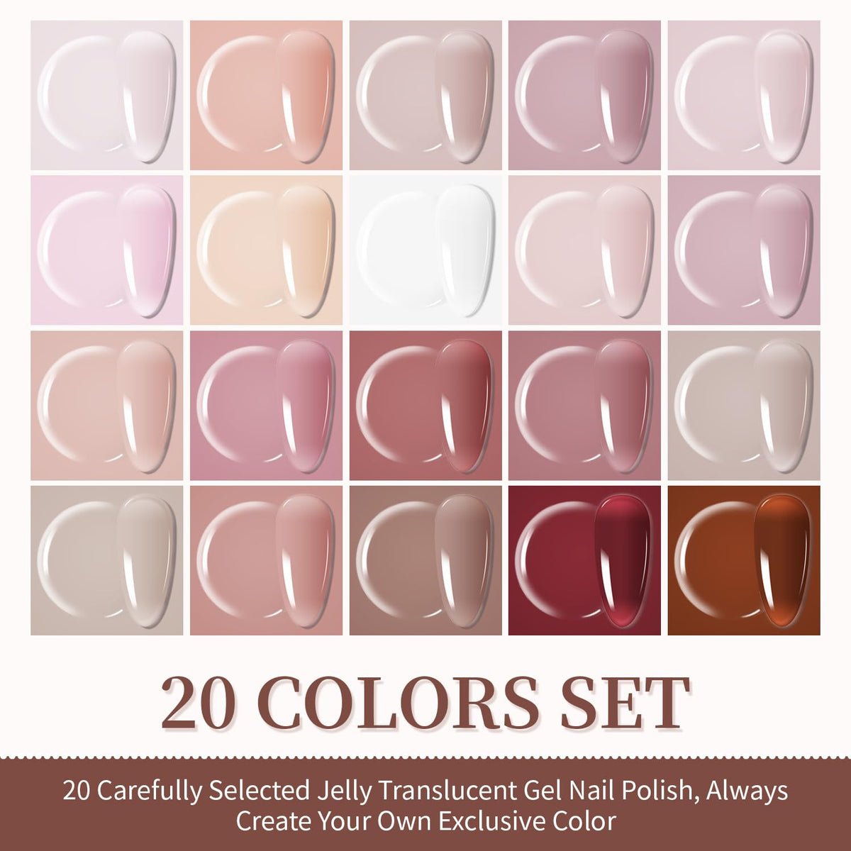 JODSONE 23PCS Gel Nail Polish Set 20 translucent Jelly Color Natural and Elegant Long Lasting