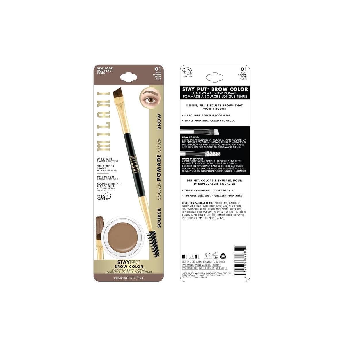 Milani Stay Put Brow Color - Soft Brown (0.09 Ounce) Vegan, Cruelty-Free Eyebrow Color that Fills