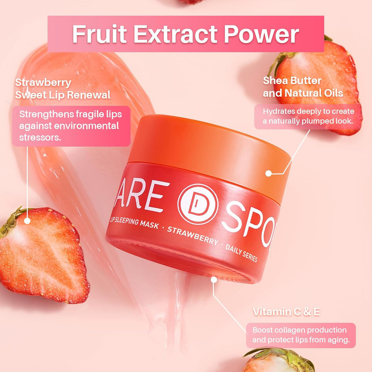 Sleeping Lip Mask Strawberry - Overnight Lip Treatment, Lip Care Hydration, Repair for Dry Cracked