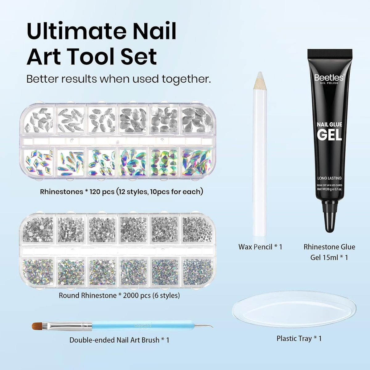 Beetles Gel Polish Nail Glue with Nail Gems Set, 15ml Nail Rhinestone Glue &120+2000Pcs Crystal