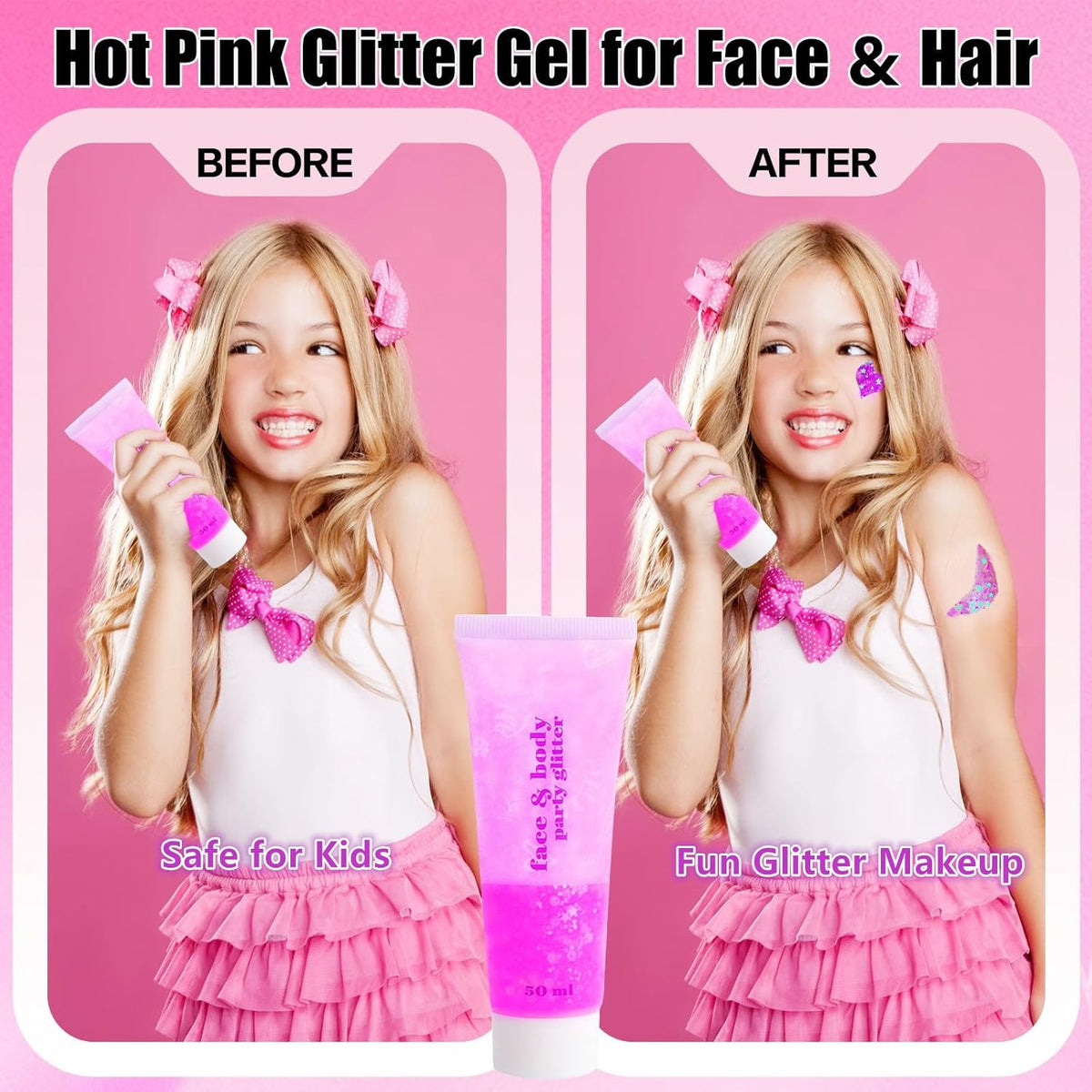 Go Ho Hot Pink Face Body Glitter Gel,Singer Concerts Hot Pink Face Paint Makeup,Holographic Chunky