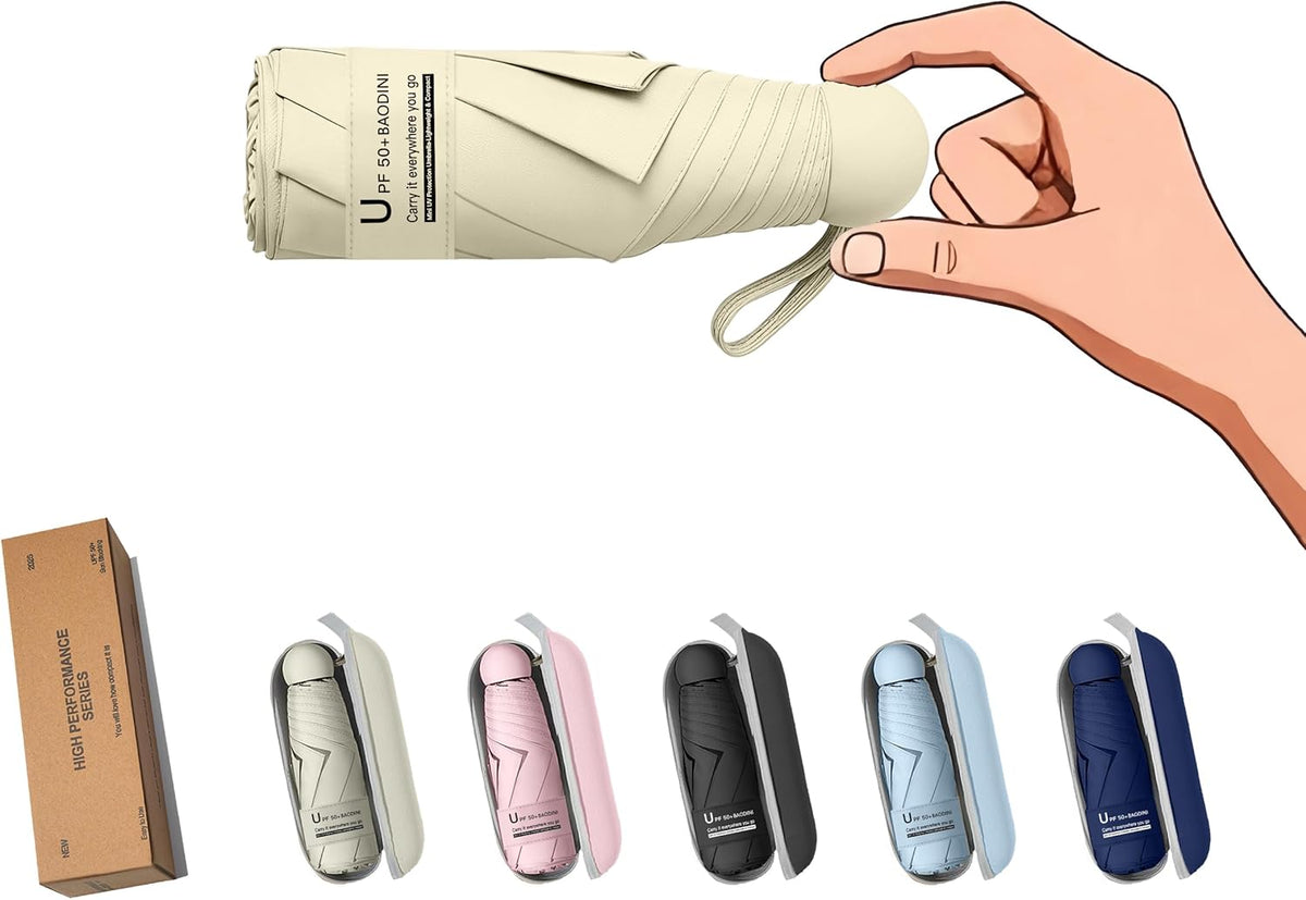 BAODINI Travel Essentials Mini Umbrella for Purse With Case Small Compact UV Sun Protection