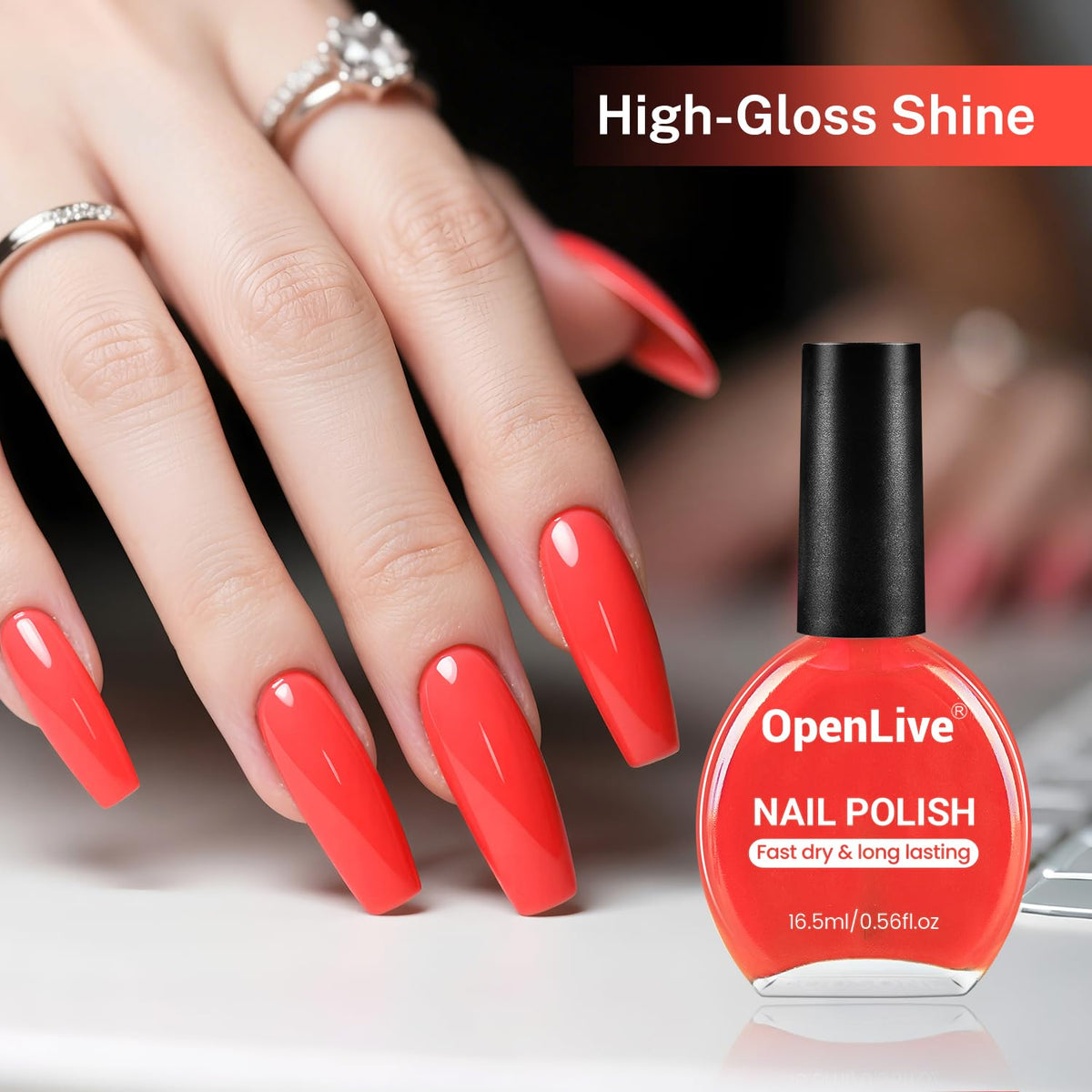 16.5ml Neon Red Nail Polish Glossy Shine Finish Large Volume Quick Dry Nail Polish, Long Lasting