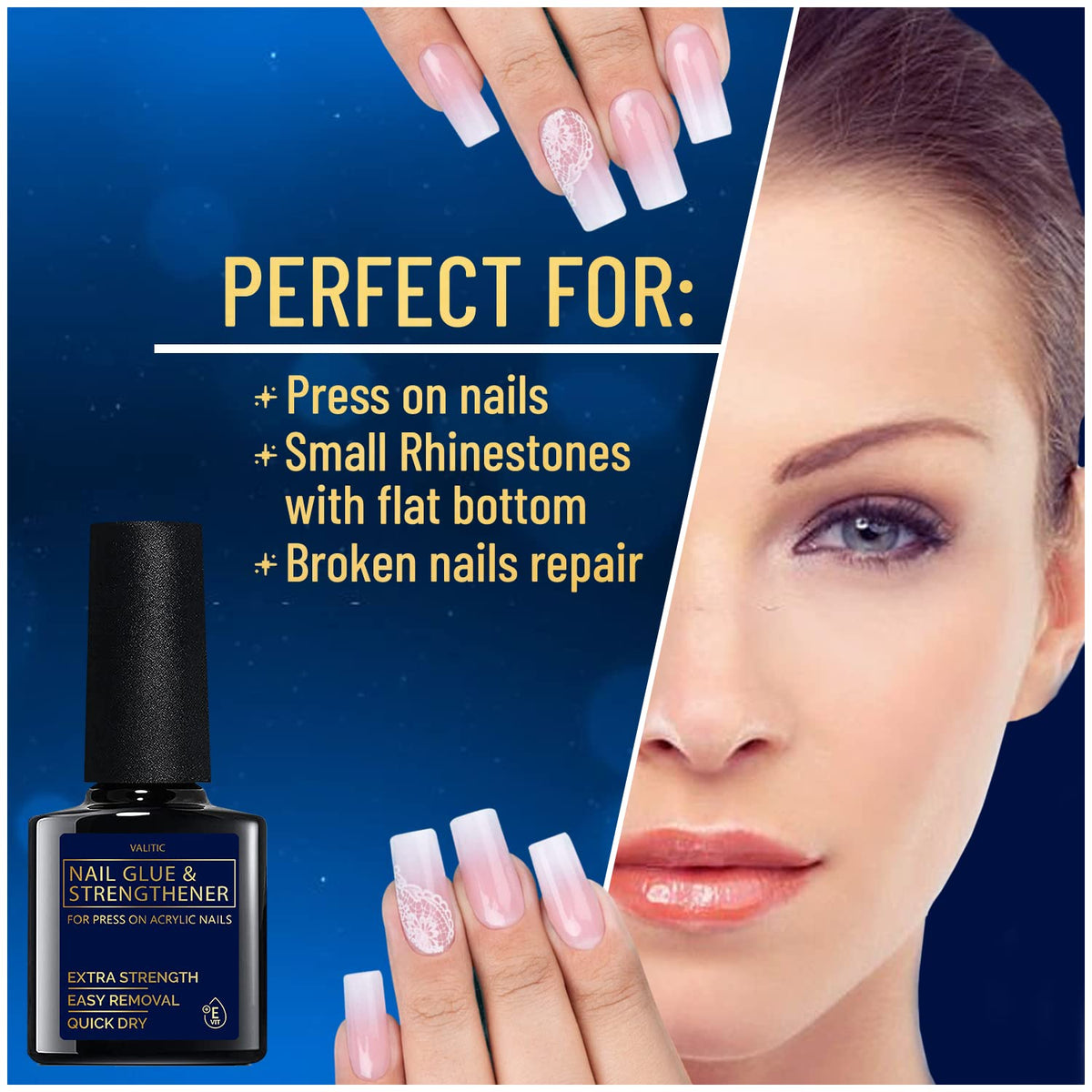 Valitic Strong Nail Glue and Strengthener for Acrylic and Press On Nails - Quick Dry Brush On Gel