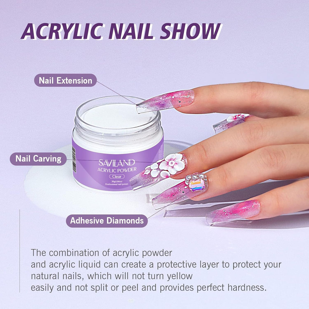 SAVILAND Acrylic Nail Kit Starter Set: Clear Acrylic Powder and Liquid Set With Brush, Forms, Tools