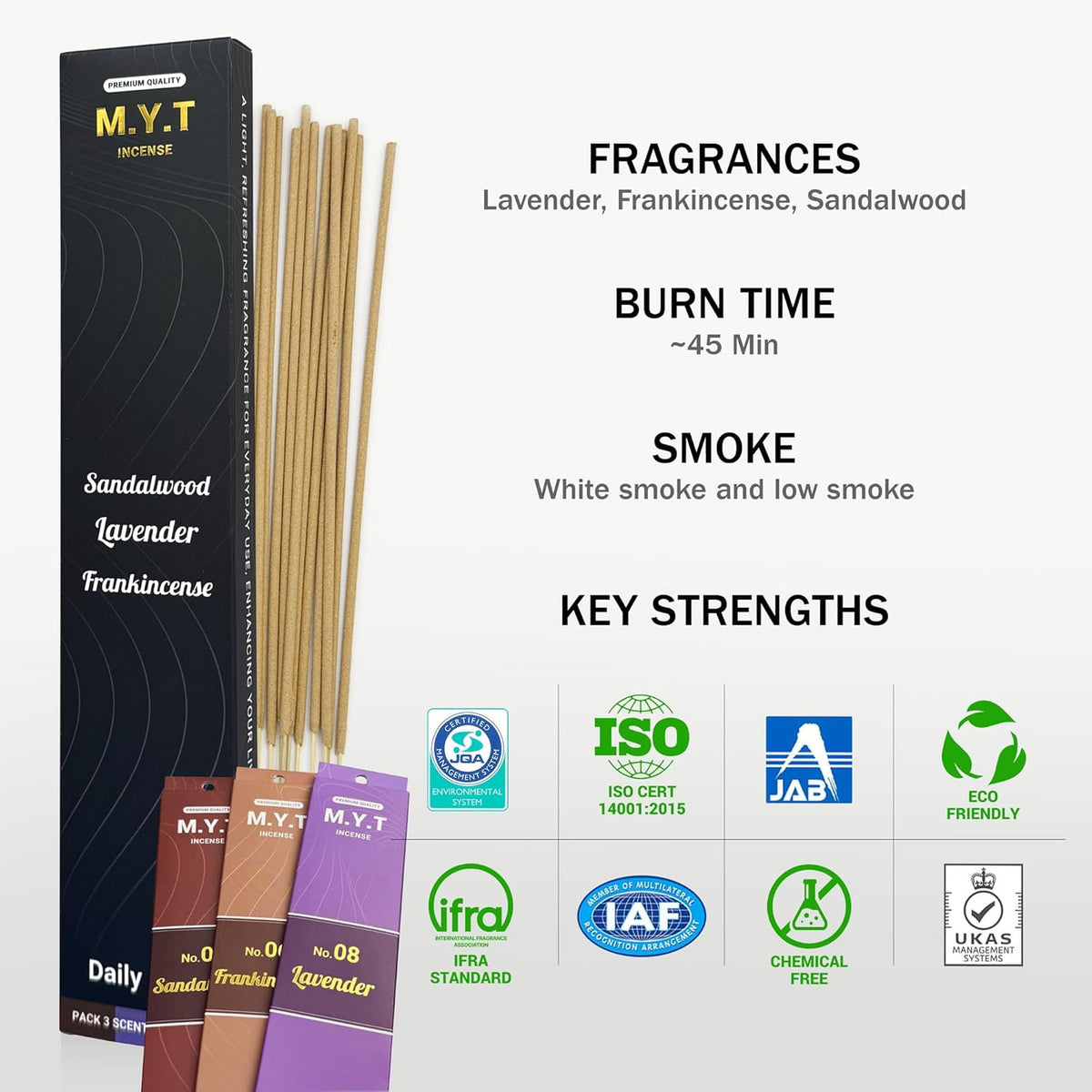 M.Y.T Natural Incense Sticks – Sandalwood, Lavender, Frankincense – Long-Lasting, Low Smoke