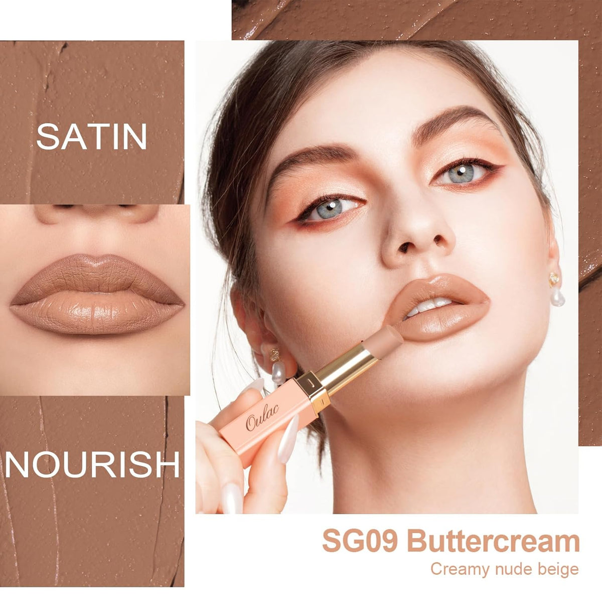 Oulac Color Rich Satin Lipstick - Nude Beige Full Coverage Lip Color, Creamy Silky-Smooth