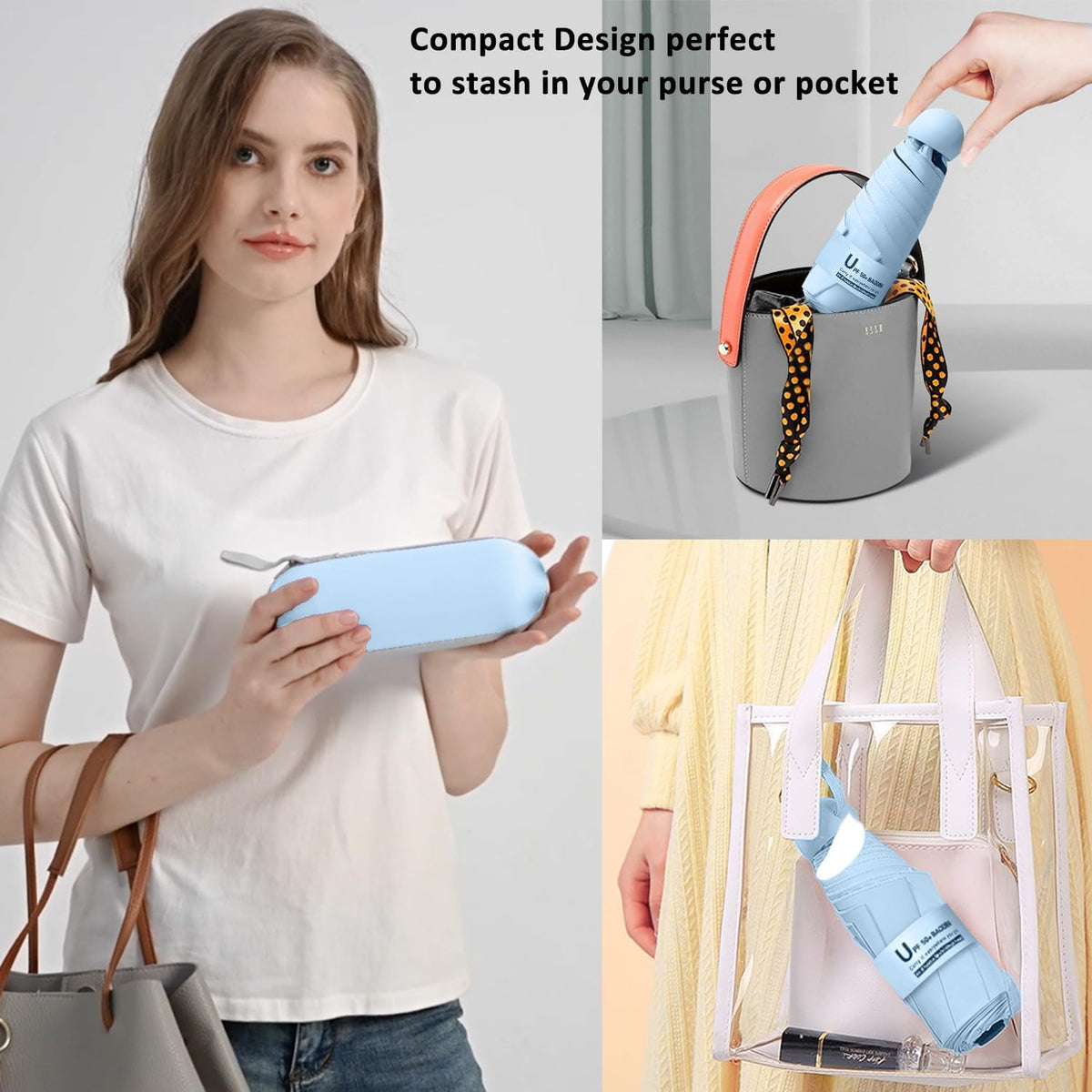 BAODINI Travel Essentials Mini Umbrella for Purse With Case Small Compact UV Sun Protection