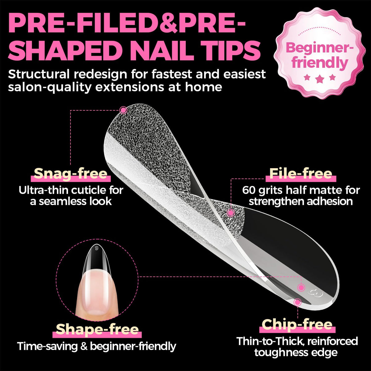 UNA GELLA Almond Gel Nail Tips, 504PCS Pre Etched Clear Fake Nails Tips Medium Almond Shape - 12