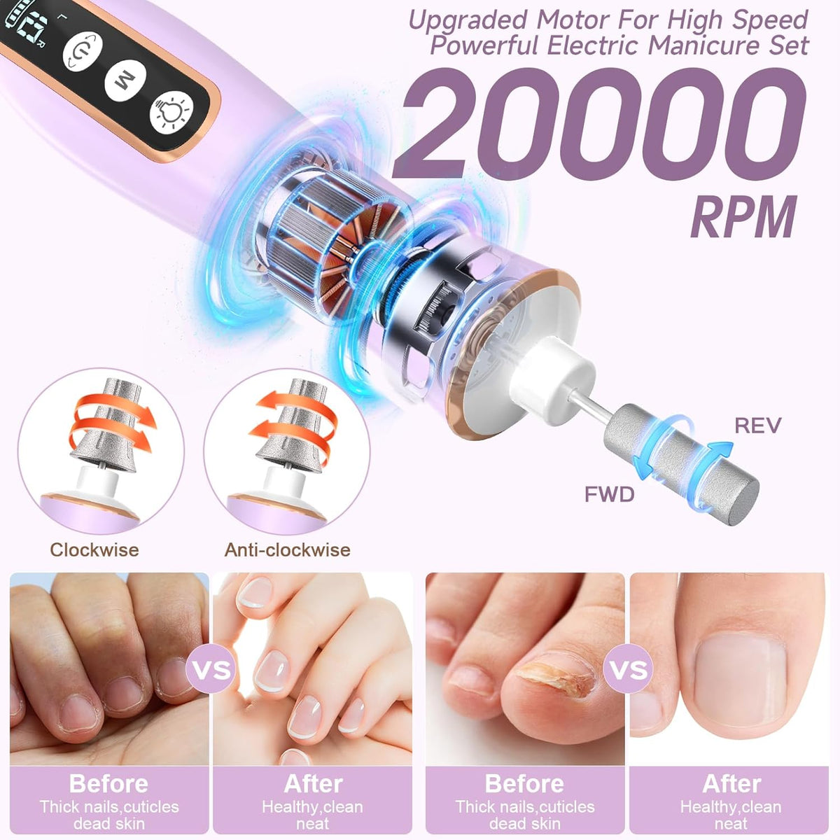 Professional Manicure Pedicure Kit with 360° LED Light&10 Speeds&Memory Mode with Case, Cordless