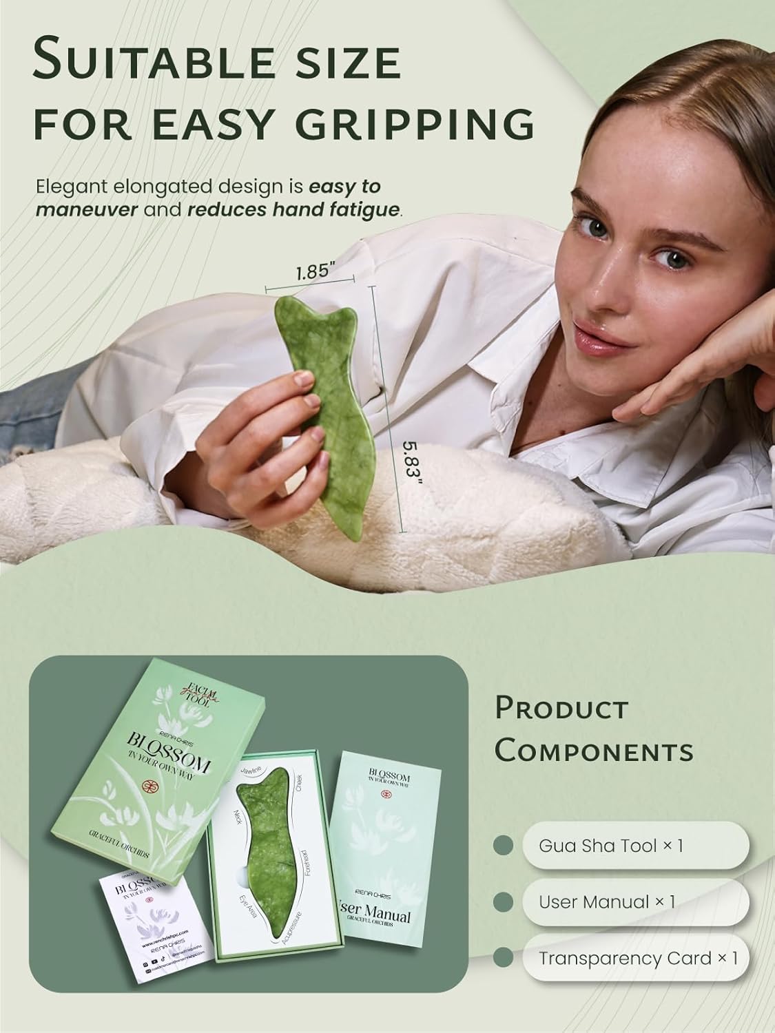 Rena Chris Natural Jade Gua Sha Facial Tools - Acupressure & Gua Sha for Face Massage, Jawline