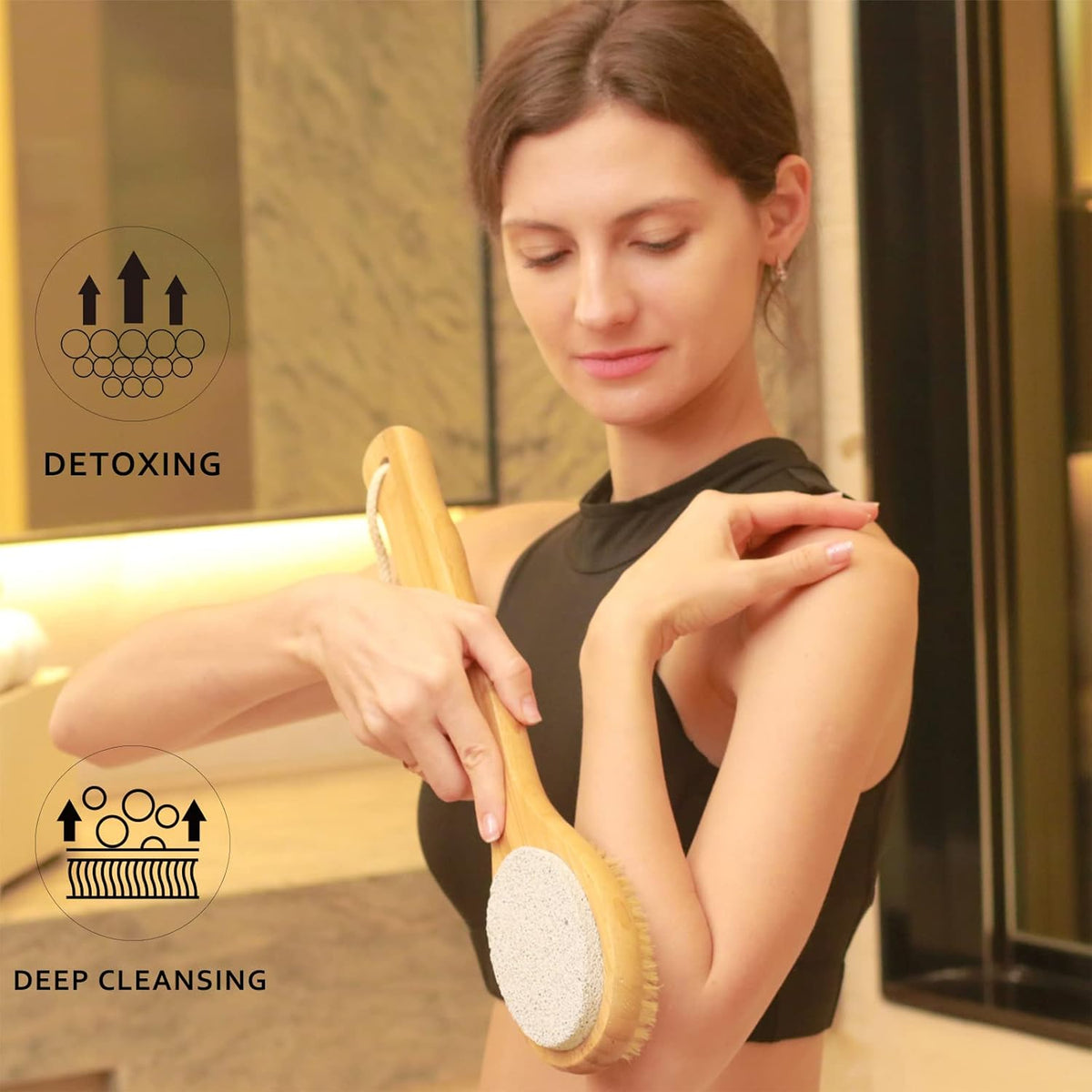 ICANdOIT 2 in 1 Long Handle Bath&Shower Brush,Bath Scrubber,Boar Bristle with Pumice Stone