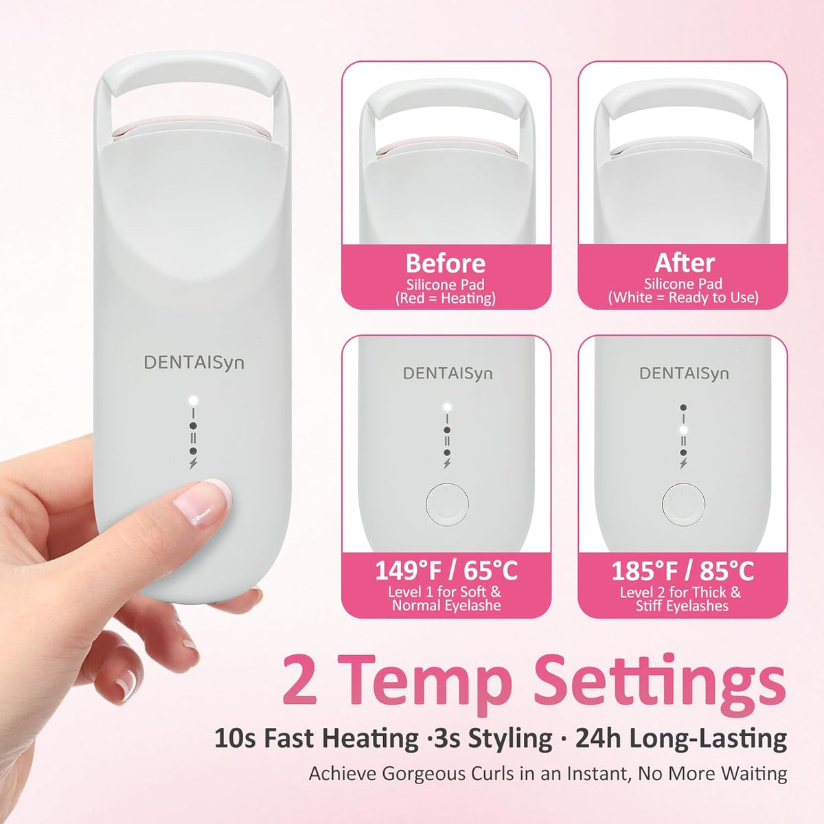 Heated Eyelash Curler - Electric Eyelash Curler with Heat Sensitive Silicone Pad, Type-C