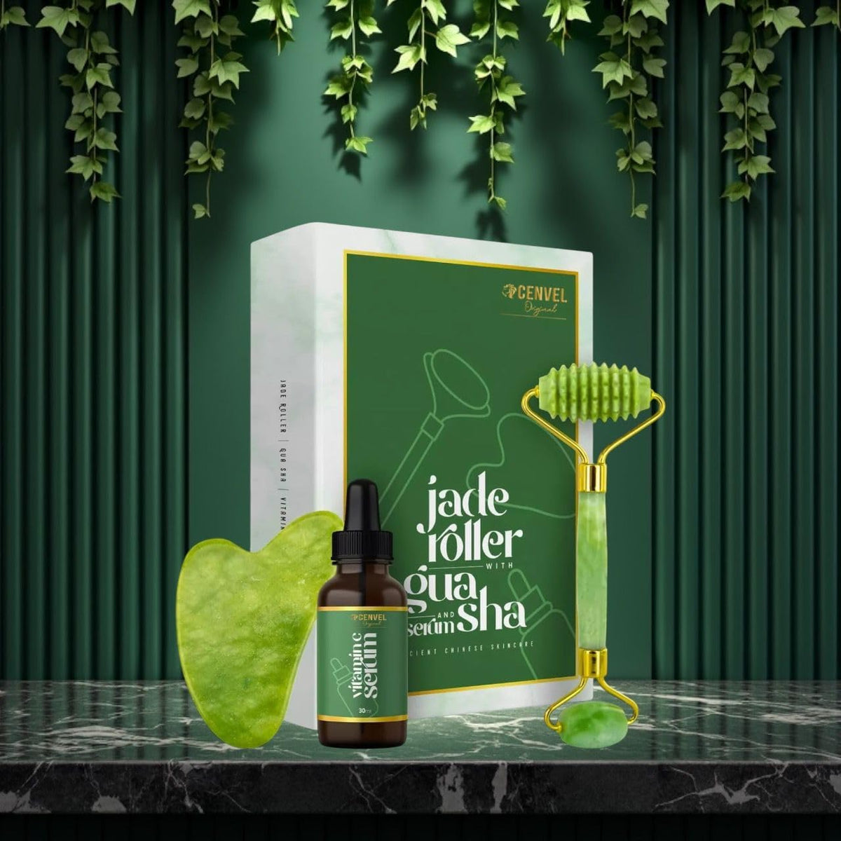 100% Real Crystal Jade Stone Roller and Gua Sha Set with Vitamin C Serum | Great for Eye Puffiness