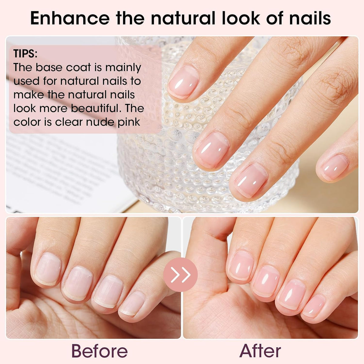 GELLEN 4‑in‑1 Clear Nail Polish Base Coat Sheer Tinted Natural Pink, Ridge Filler, Nail