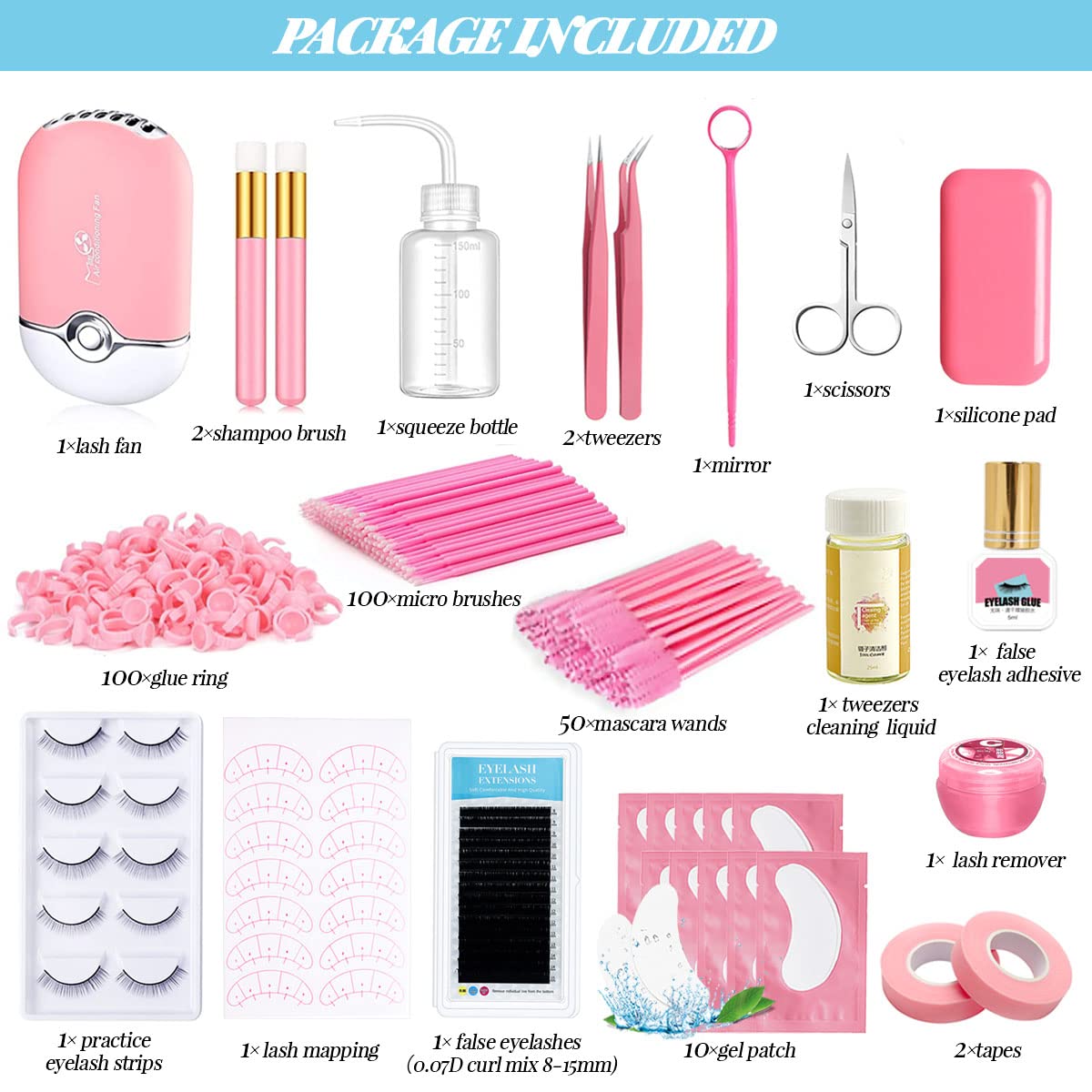 Lash Extension Kit Professional USB Eyelash Fan Individual 0.07D Curl Mix 8-15mm Extra Strong Glue
