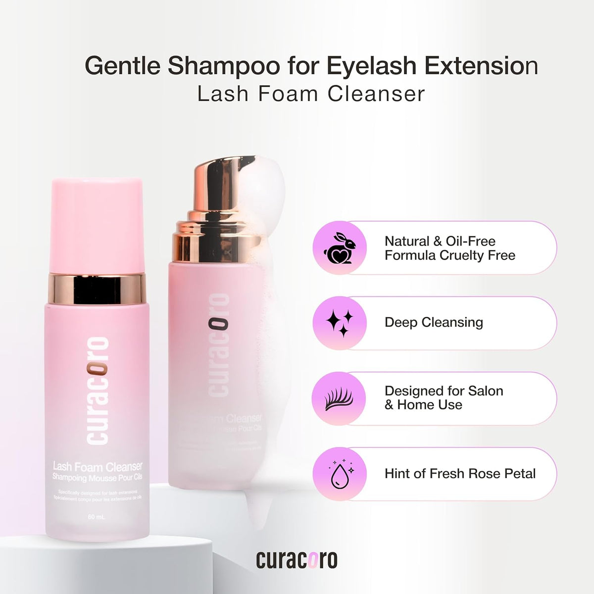 CURACORO 60ML Eyelash Extension Cleanser (Rose Scented) - Lash Shampoo for Lash Extensions, Eyelash