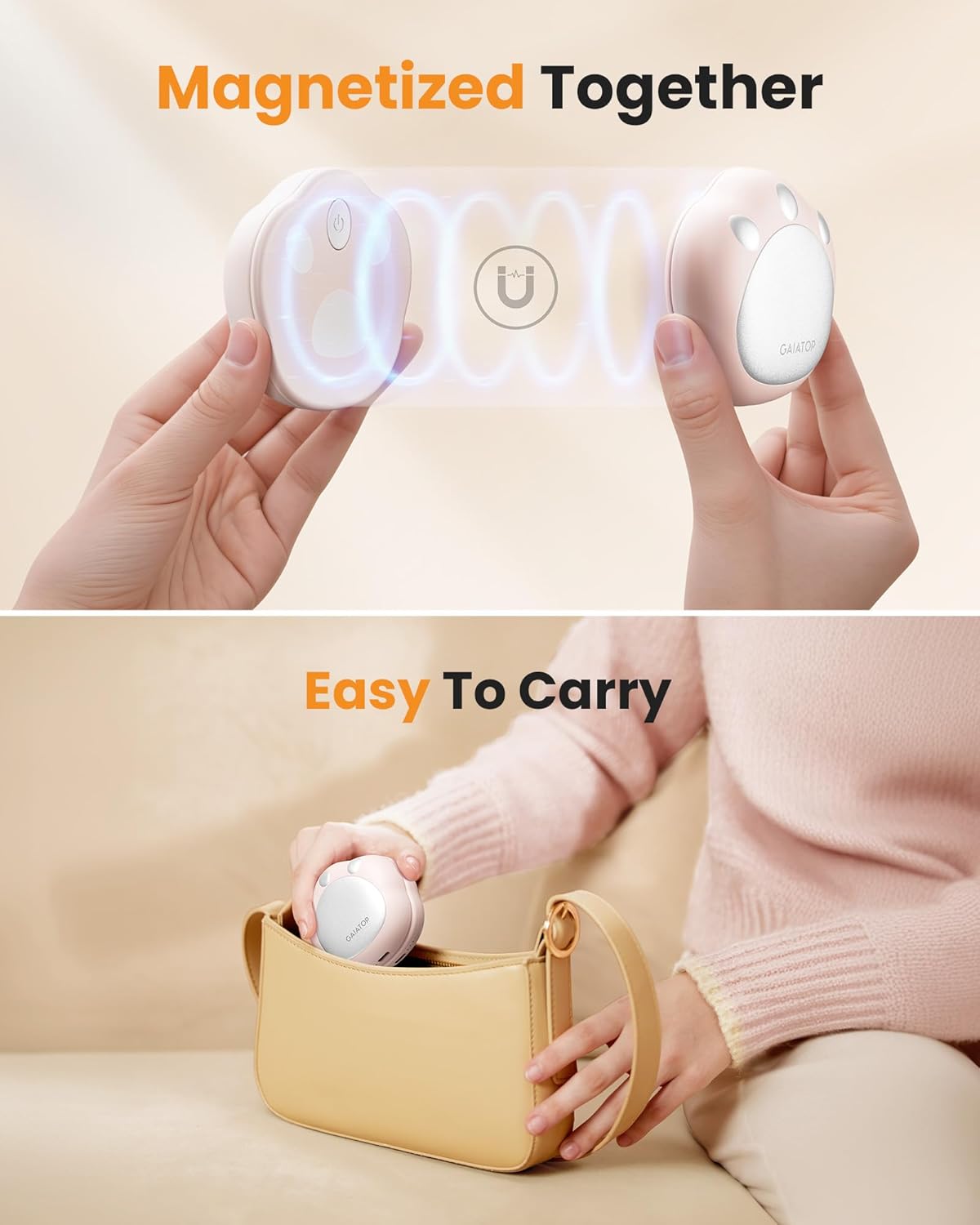 Gaiatop Hand Warmers Rechargeable, 2 Pack Cute Cat Paw Design 3 Levels Magnetic Electric Pocket