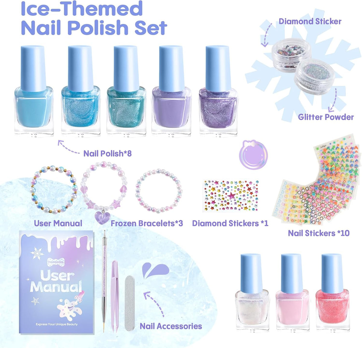 Tomons Kids Nail Polish Set for Girls, Non Toxic Nail Polish Art Kit for Kids Ages 7-12, Toys Gifts