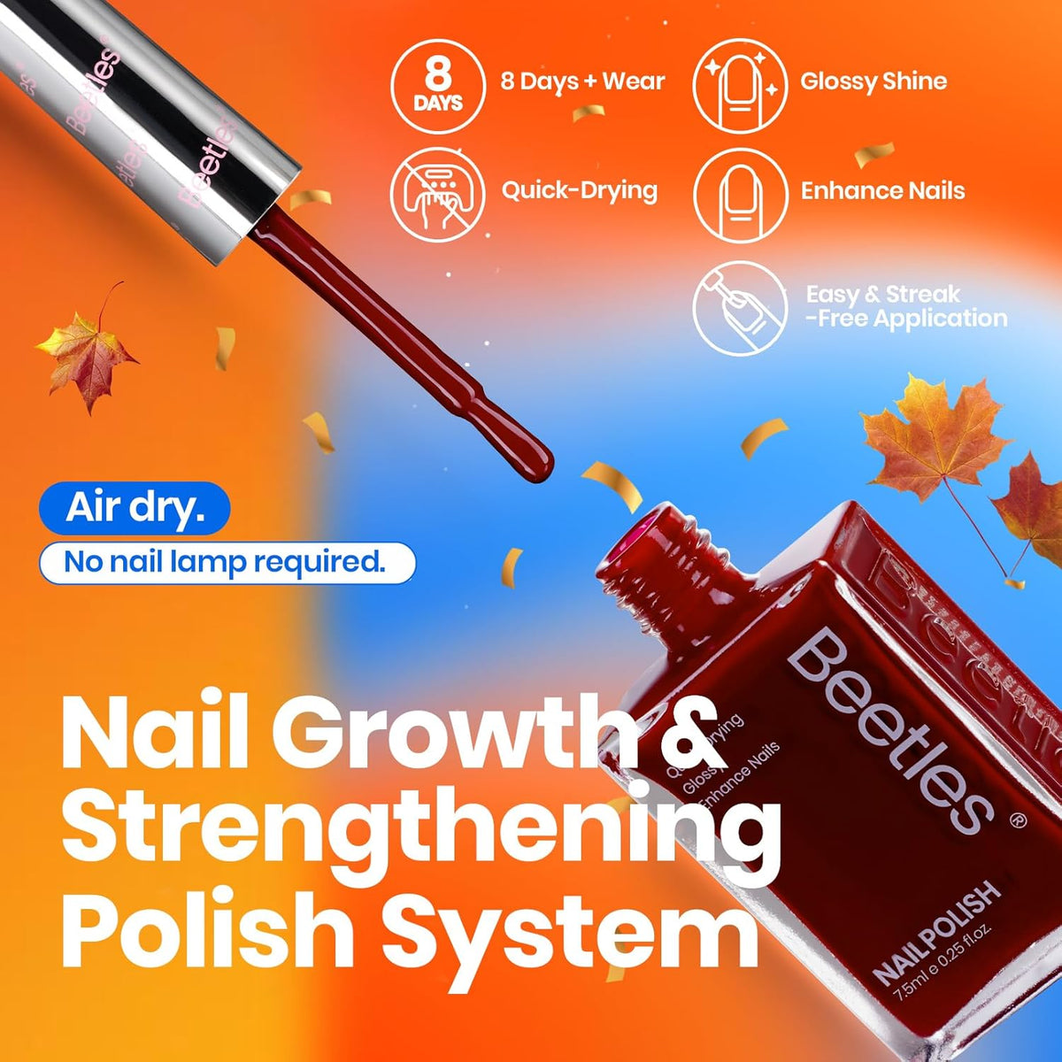 Beetles Fall Nail Polish Set P180, 6 Color Red Yellow Green Quick Air Dry Nail Polish, Natural Nail