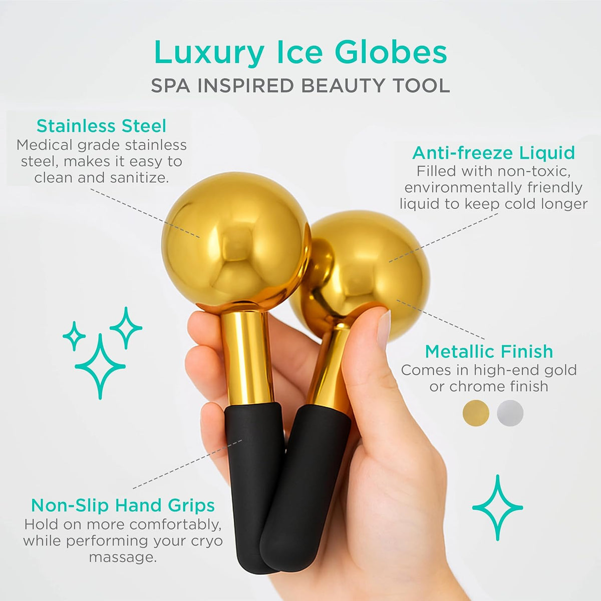 Stainless Steel Ice Globes for Facials (Gold Black Handle), Durable Cryo Globes Instantly Reduce
