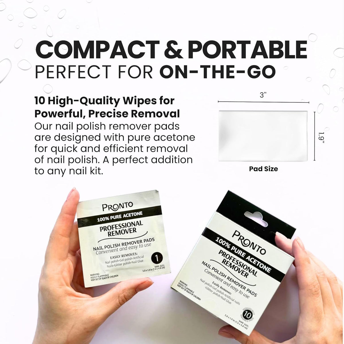Pronto Acetone Nail Polish Remover Pads, 10 Pcs. Individually Wrapped Acetone Wipes, Pure Acetone