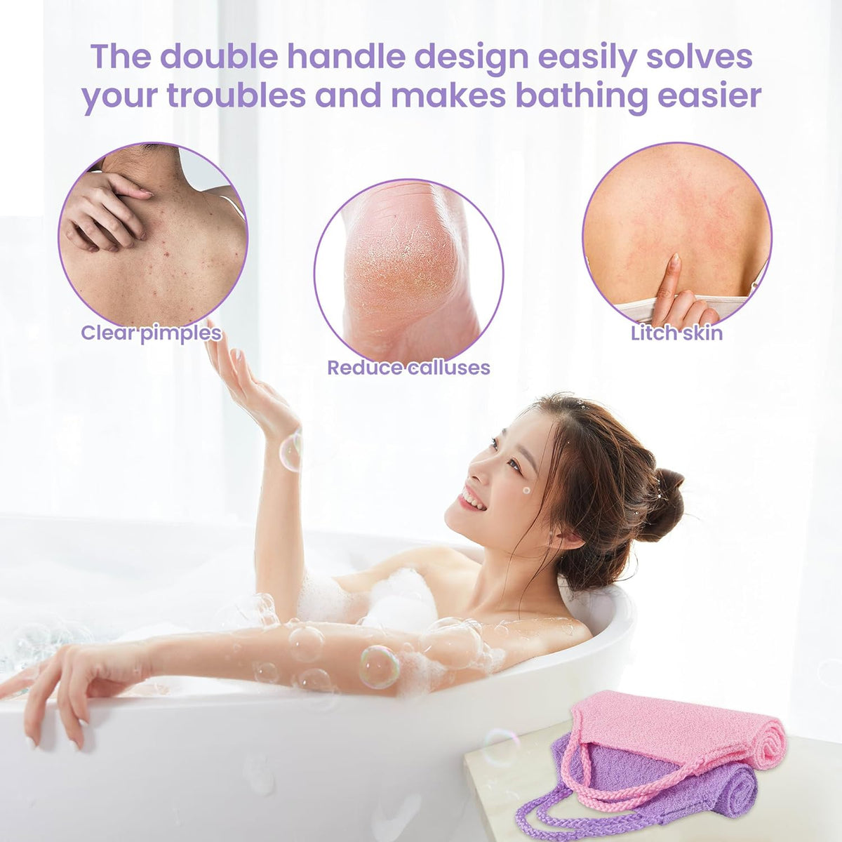3 Pcs Double-Sided Back Exfoliator Body Scrub Towel, Exfoliating Back Scrubber with