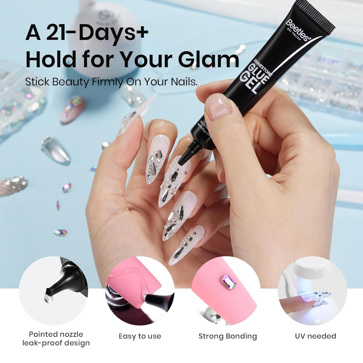 Beetles Gel Polish Nail Glue with Nail Gems Set, 15ml Nail Rhinestone Glue &120+2000Pcs Crystal