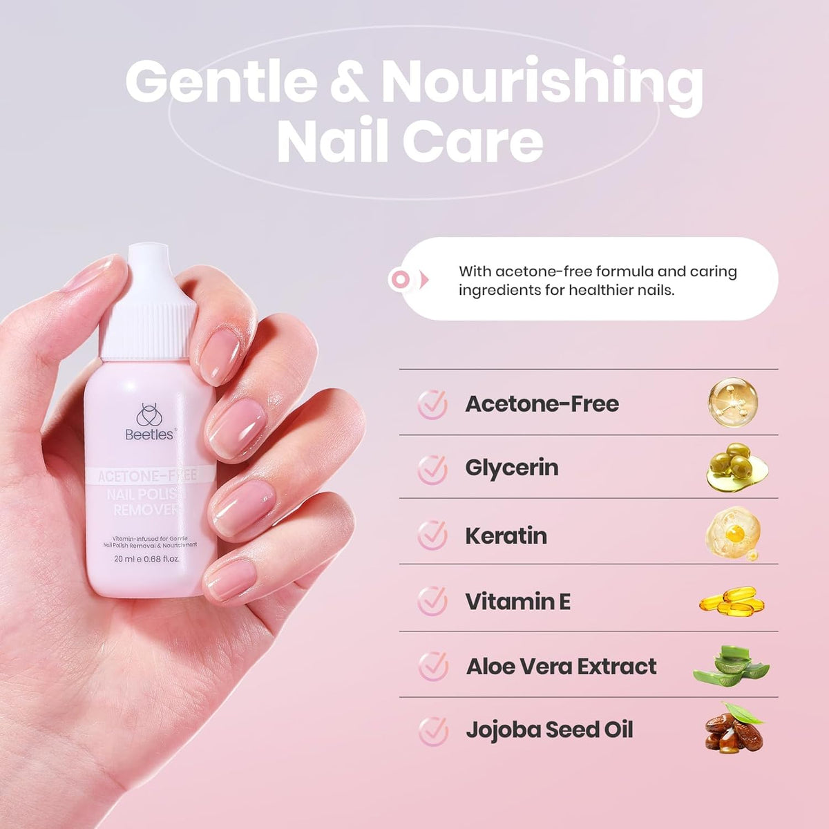 Beetles Non Acetone Nail Polish Remover - 0.67Fl Oz/20ML Controllable Nourishing Formula Acetone
