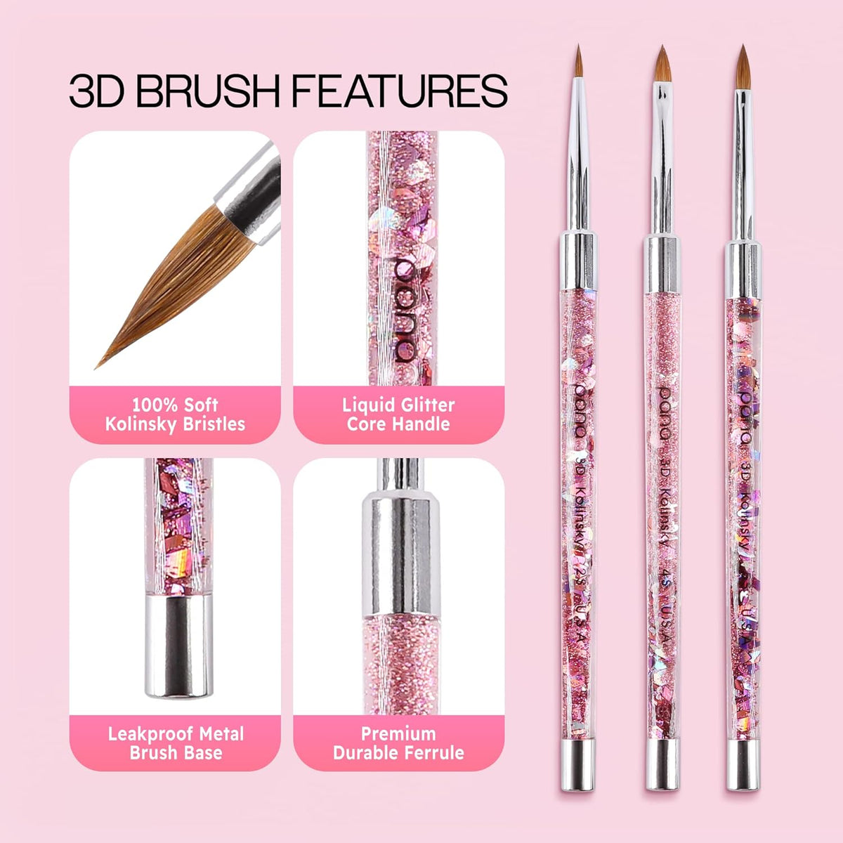 PANA 3D Kolinsky Nail Art Brush - Pink Glitter Handle, Size 4 - Acrylic Nail Art Sculpture Brush