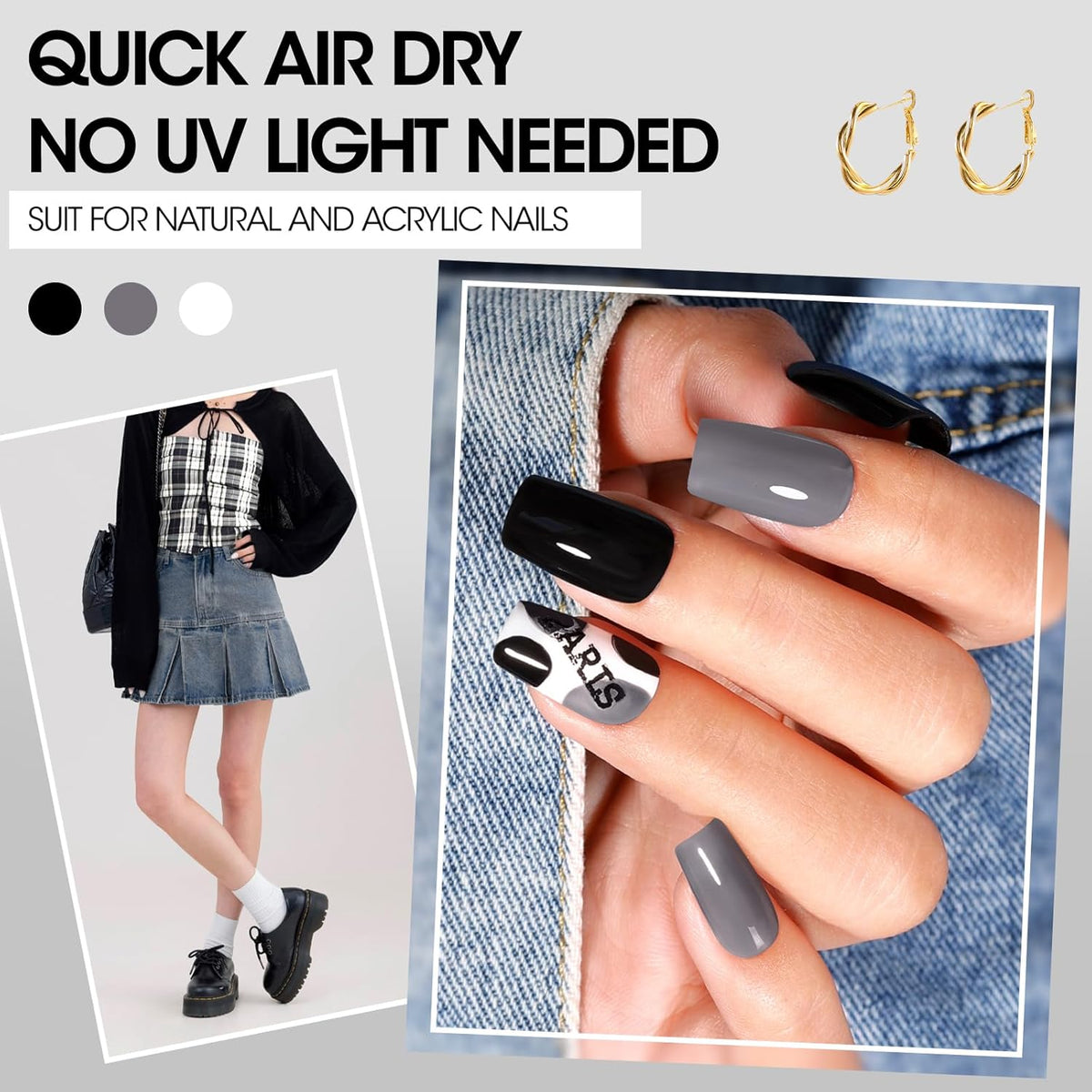 Gellen 4 Colors Black White Gray Nail Polish Set & Base Top Coat, Fall Winter Trendy Winter Black