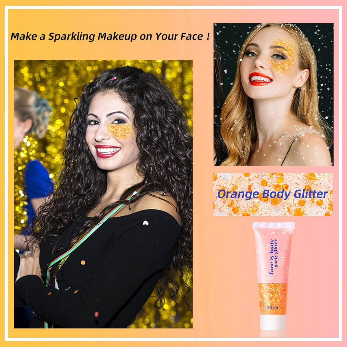 MEICOLY Orange Face Body Glitter,Sparkling Face Glitter Gel,Mermaid Sequins Face Paint Glitter