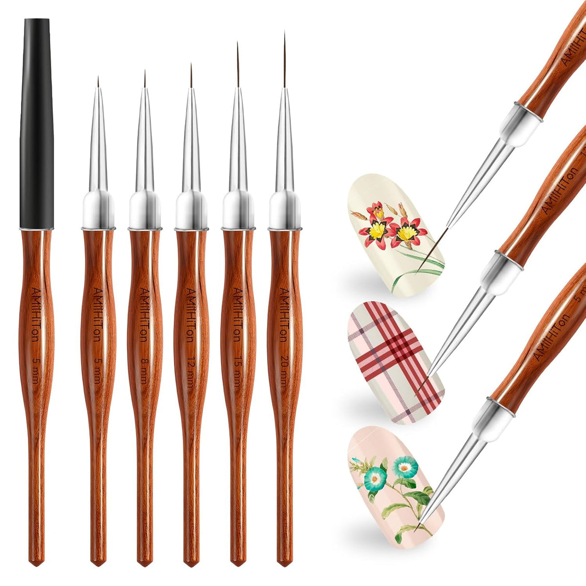 Nail Art Liner Brushes, 5Pcs Wooden Nail Brushes for Fine Drawing & Detailed Nail Art, Gel Polish