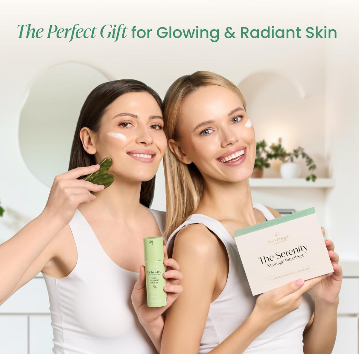 PLANTIFIQUE Massage Ritual Set: Premium Certified Jade Gua Sha + Jojoba Oil & HA Serum Skin Care