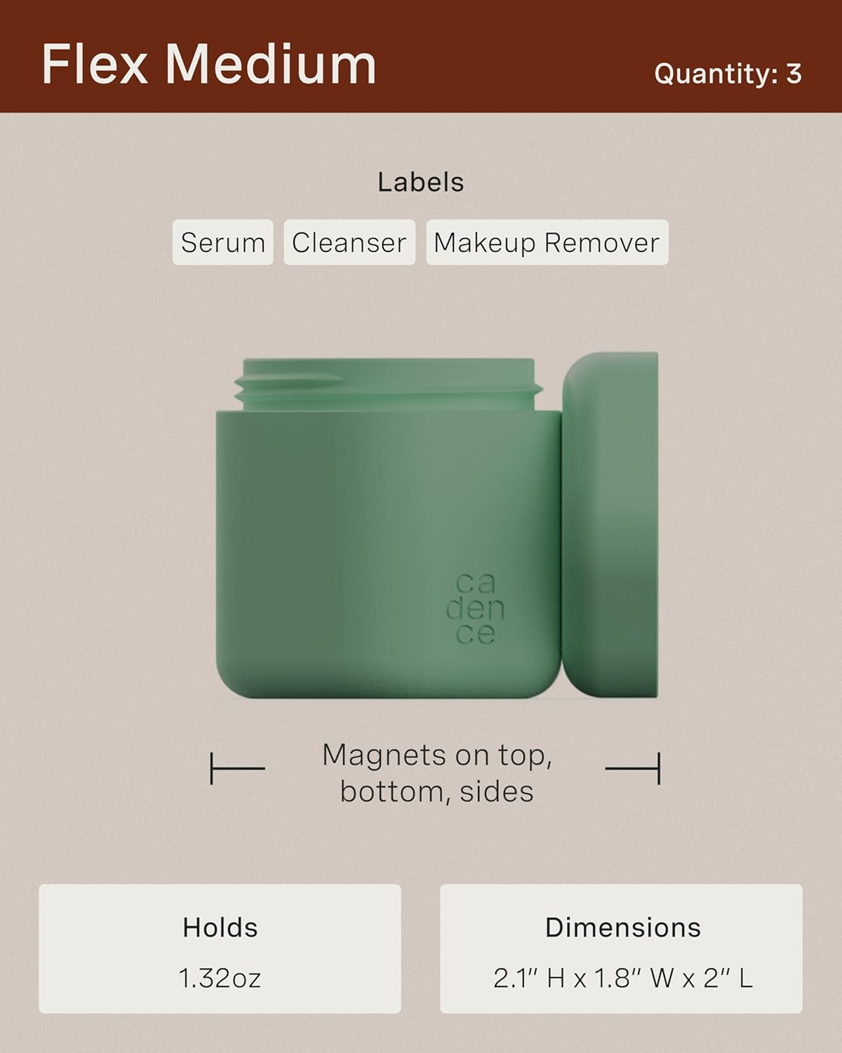 Cadence Travel Containers - Core Skincare Set - Magnetic Containers with Lids,2 Small (0.56oz) & 3