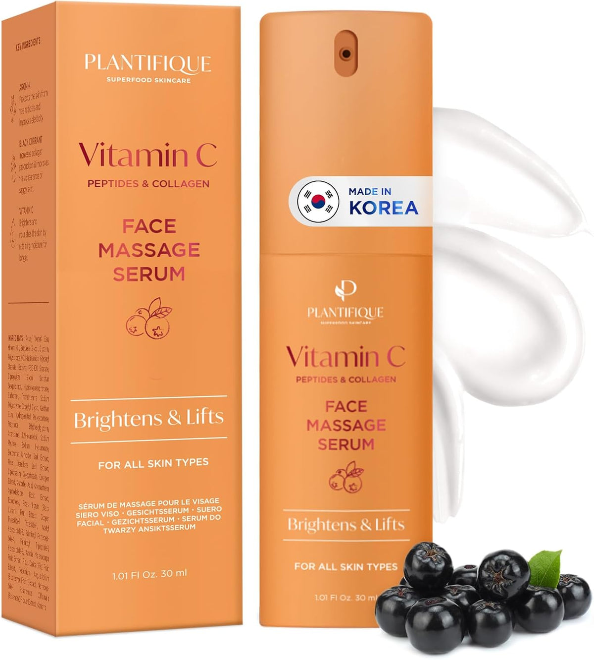 PLANTIFIQUE Korean Vitamin C Face Massage Serum – Hydrating Anti-Aging Collagen & Peptides Formula