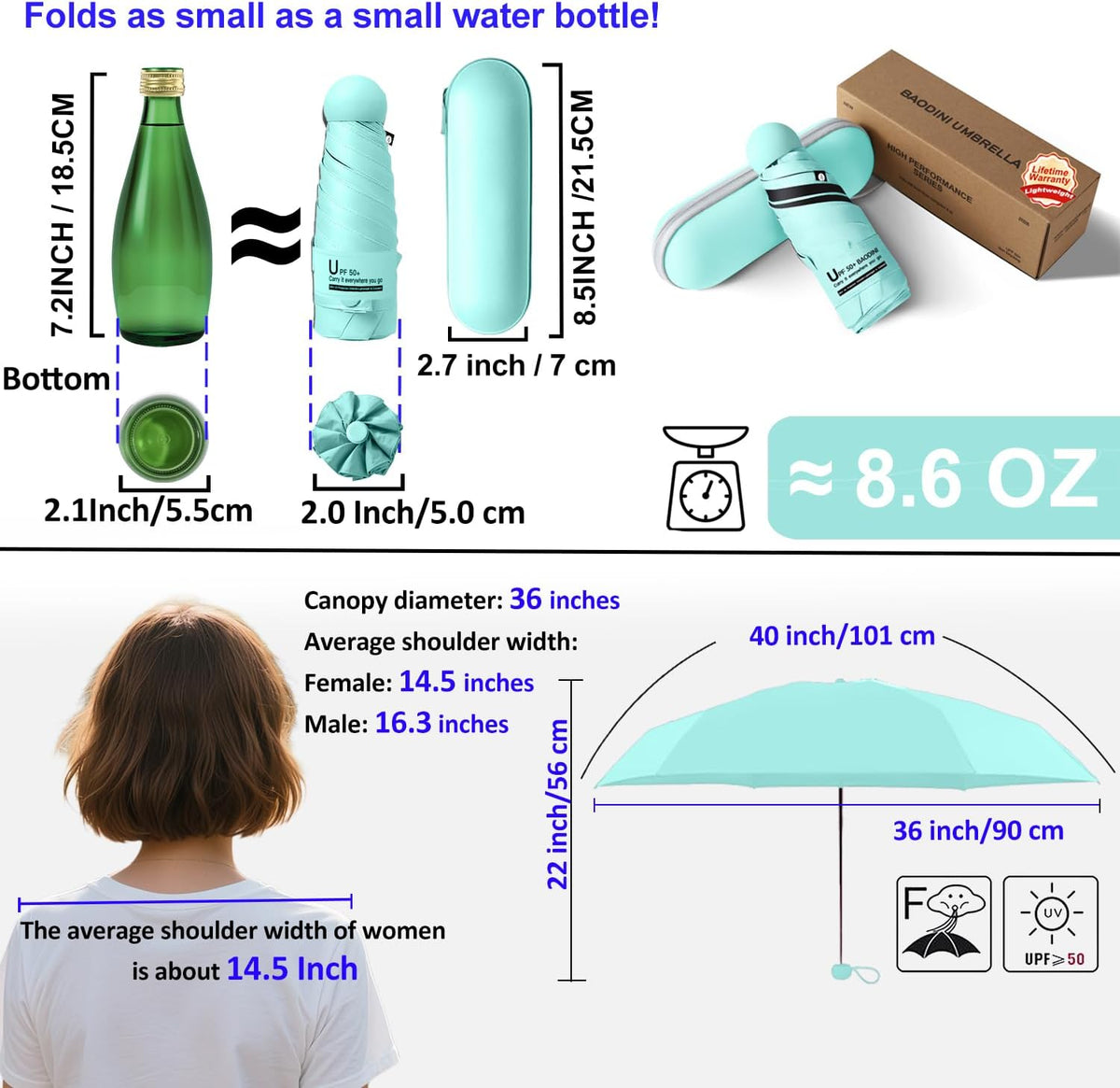 BAODINI Travel Essentials Mini Umbrella for Purse With Case Small Compact UV Sun Protection