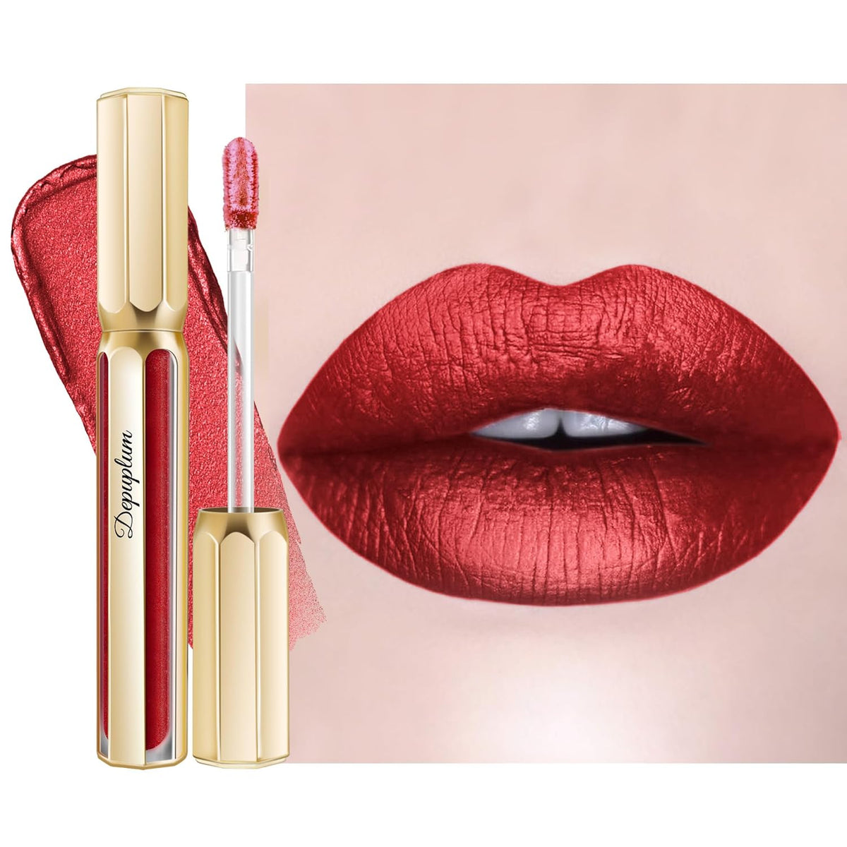 Dark Red Lipsticks for Women Metallic Lipstick Long Lasting Non Stick Cup Lip Gloss, Metal Shine