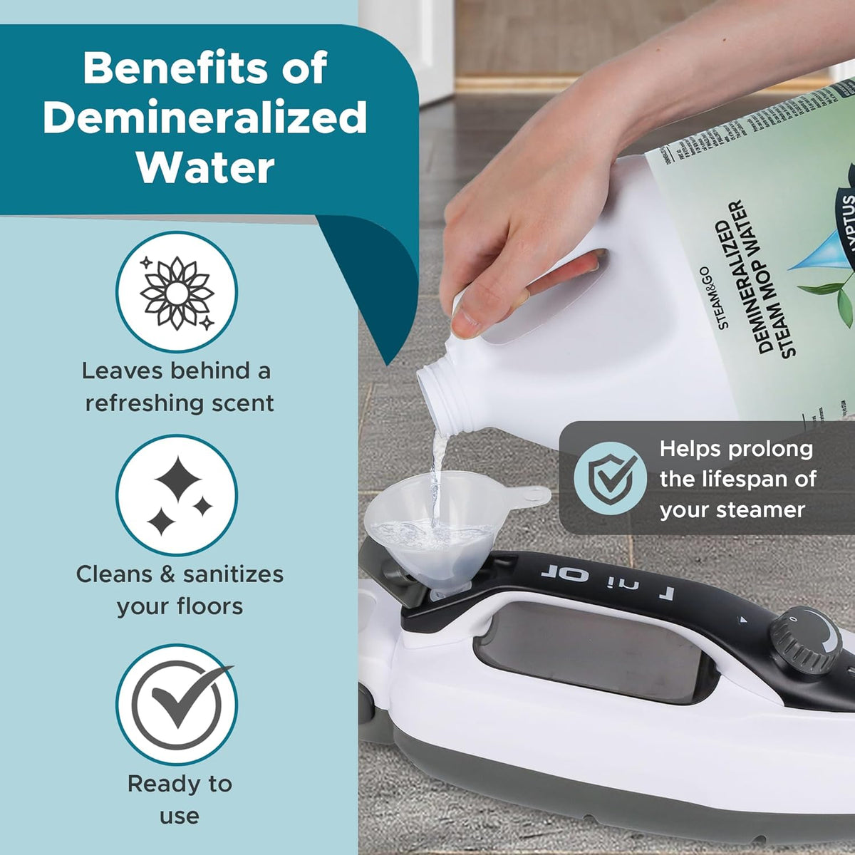 Steam & Go Demineralized Water - Multi-Surface Cleaning Solution for Steam Mop, Ready-to-Use Floor