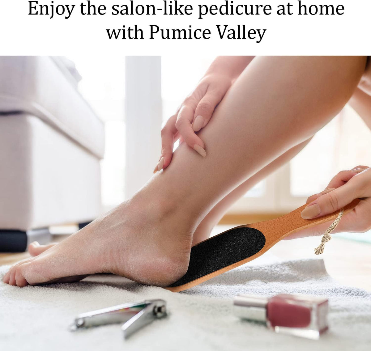 Pumice Stone Foot File - Wooden Pedicure Feet Scrubber with Handle for Callus, Dry, and Dead Skin