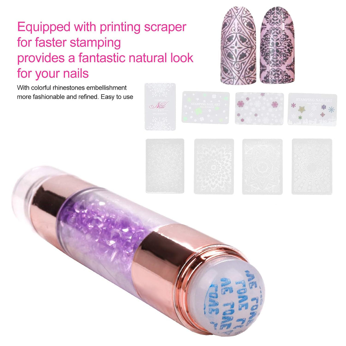 Dioche 4Sets Manicure Art Stamper, Double Ended Silicone Stamp Pens With Nail Seal Plate for Home