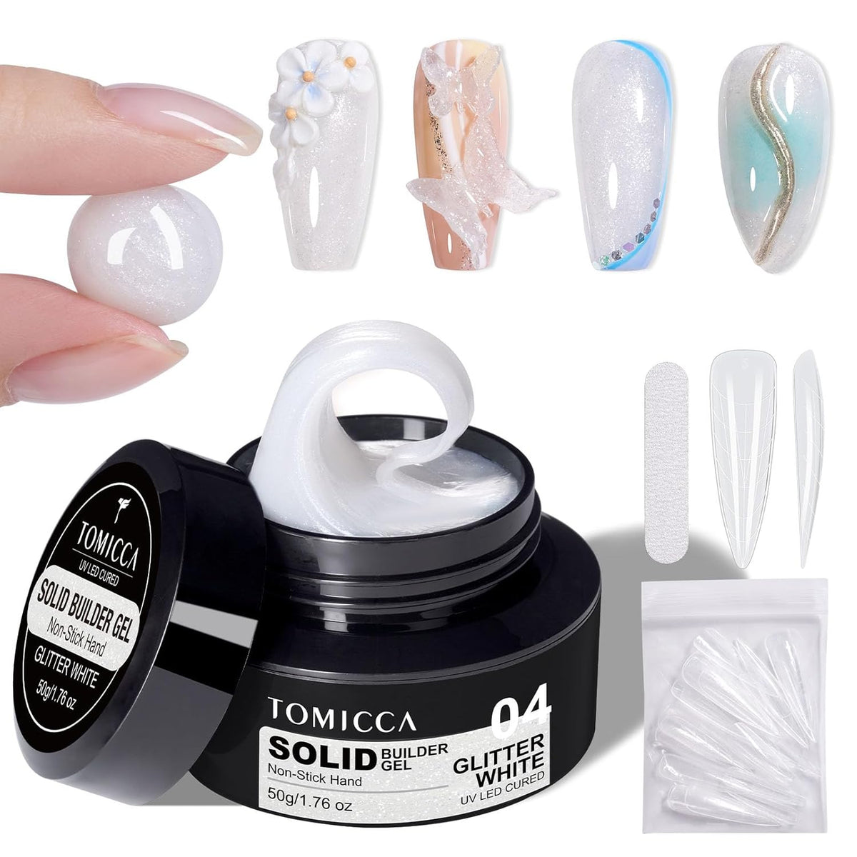 TOMICCA 3D Gel Nail Art, White Sparkles Sculpting Gel for Nail Art 1.76 OZ 3D Nail Hard Gel Nail