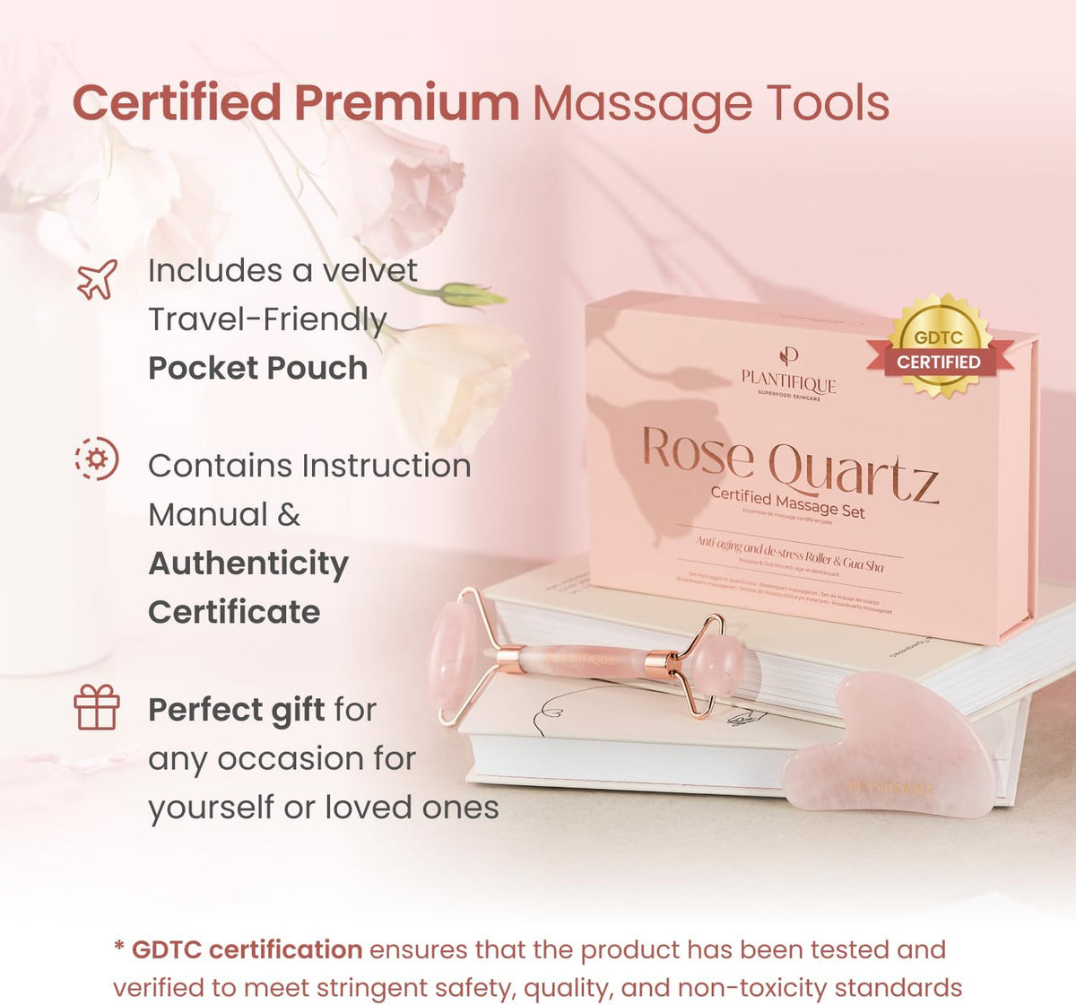 PLANTIFIQUE Face Roller and Gua Sha Rose Quartz Certified | Gifts | Guasha Tool for Face | Jawline