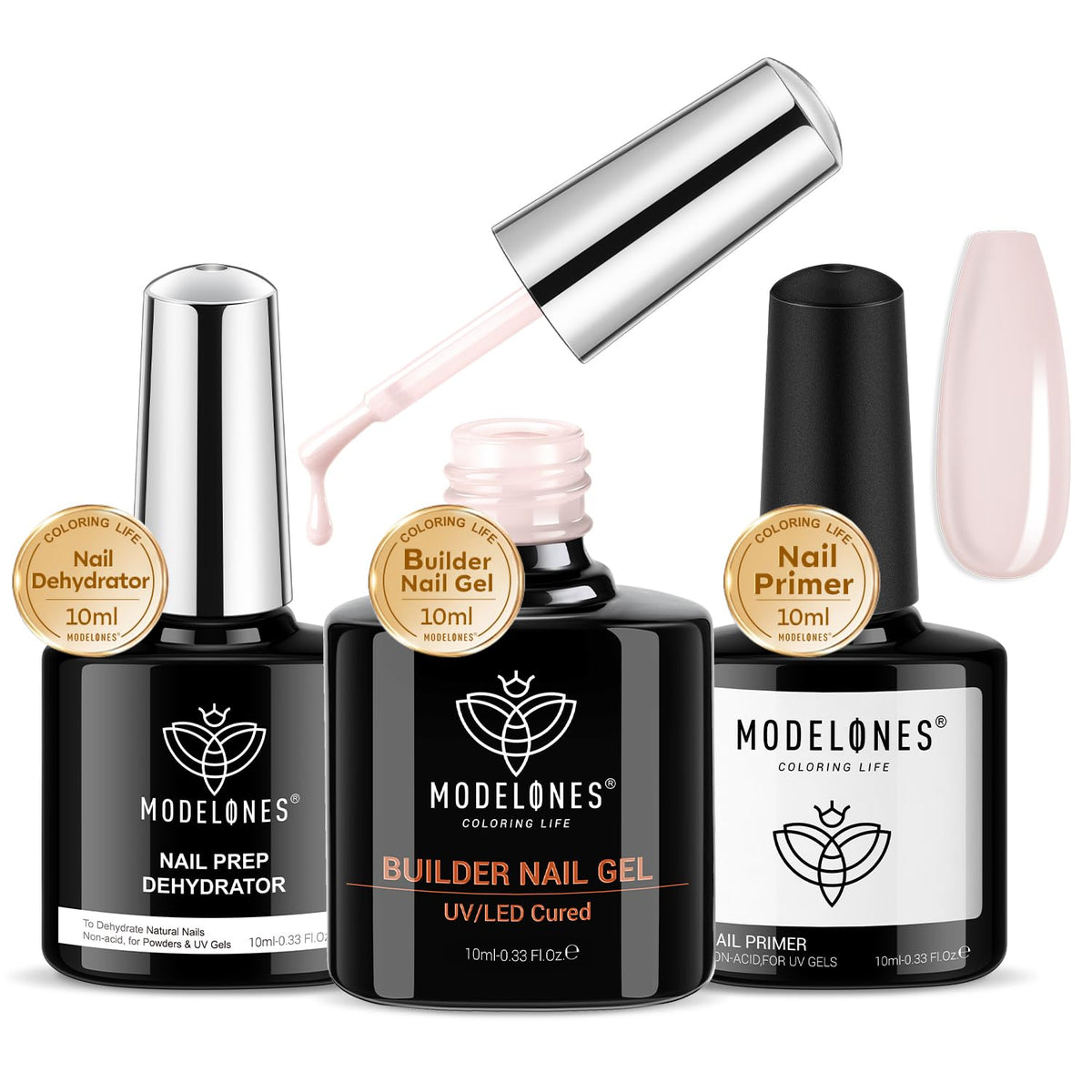 modelones Nail Dehydrator and Primer with Builder Nail Gel, 3Pcs Cover Nude Pink LED Gel Builder