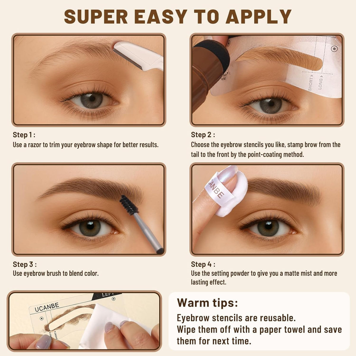 UCANBE 25PCS Eyebrow Stamp Stencil Kit With Dual-Color Eyebrow Stamp Pomade,20 Reusable Eyebrow