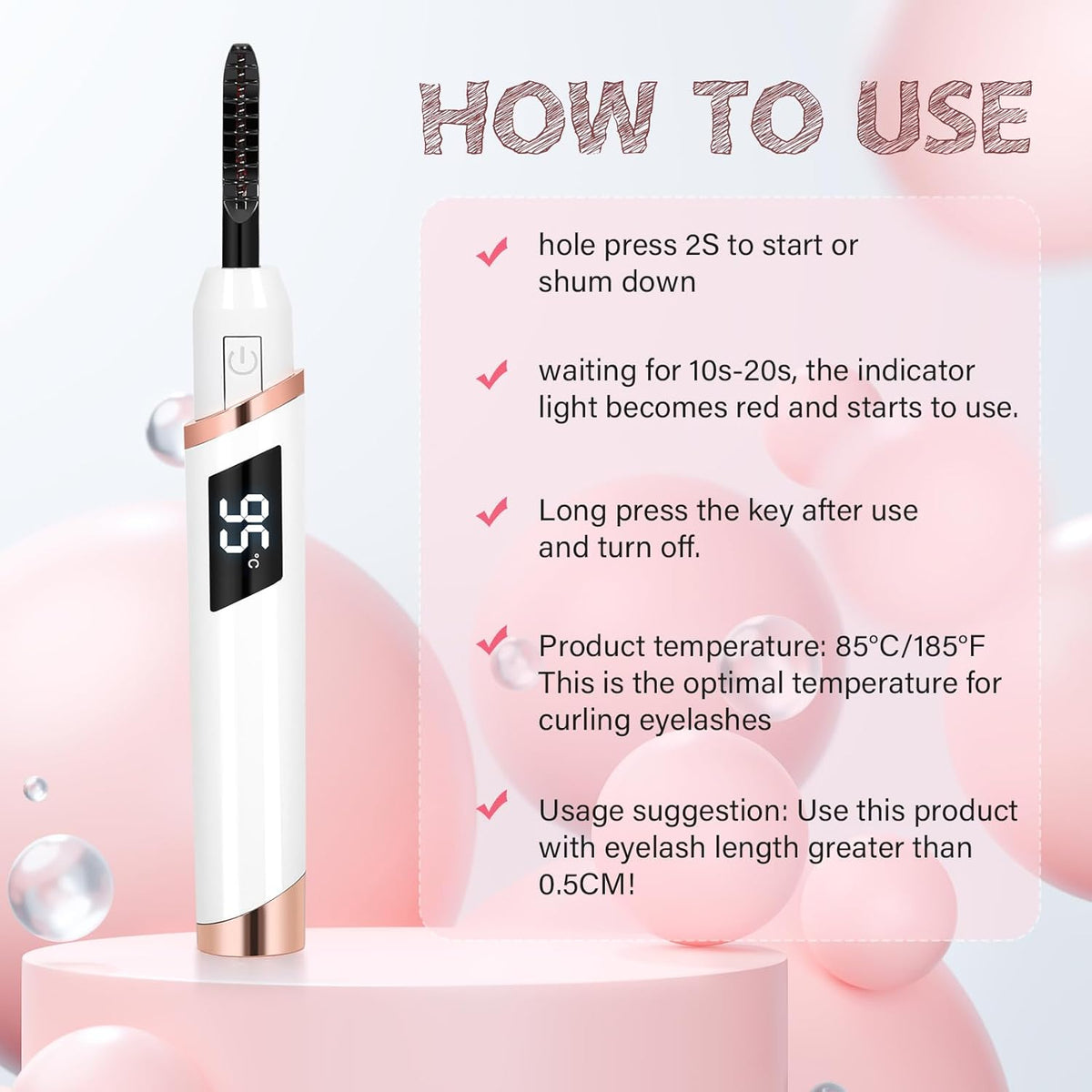 Heated Eyelash Curler for Women, Electric Lash Curler with 10s Fast Heating, 4 Adjustable Temp