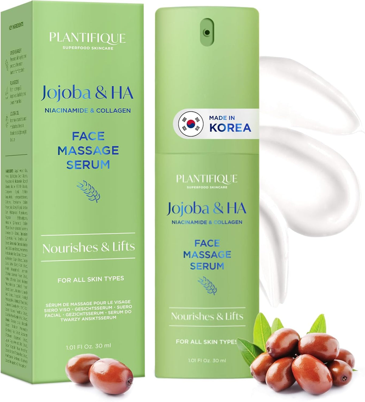 PLANTIFIQUE Korean Jojoba Oil & Hyaluronic Acid Face Massage Serum – Hydrating Anti-Aging Collagen