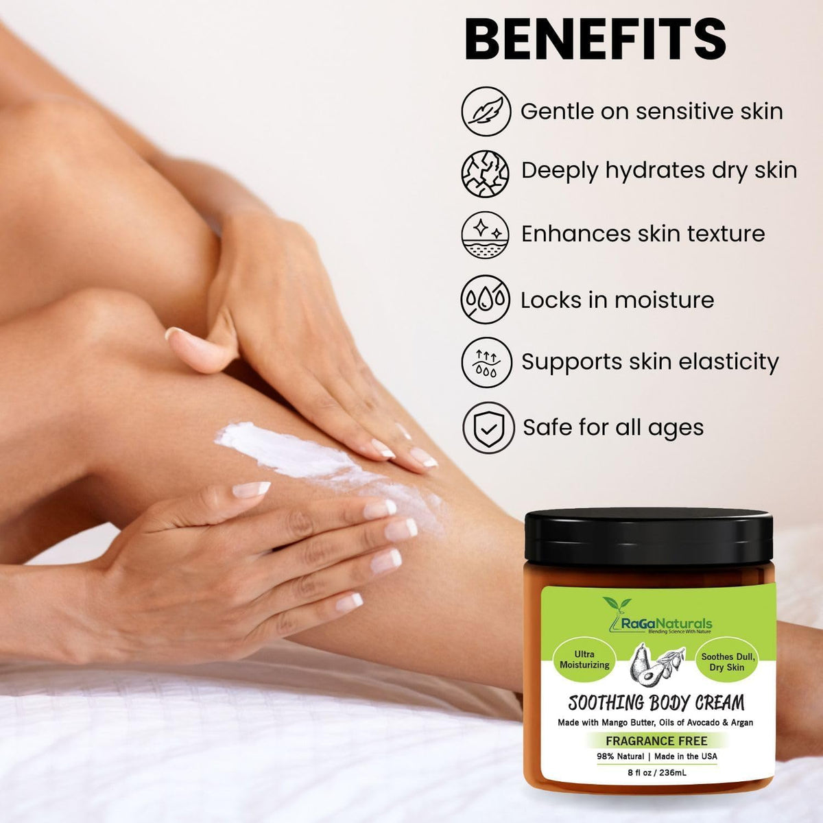RaGaNaturals Mango Butter Moisturizing Hand & Body Cream for Dry to Very Dry, Sensitive Skin