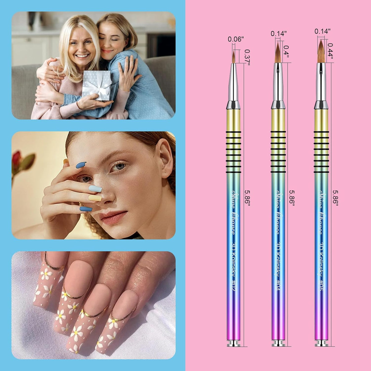 3Pcs Acrylic Nail Brushes Set Size 2 4 5, Kolinsky Hair Acrylic Nail Art Brush, Art Design & Polish