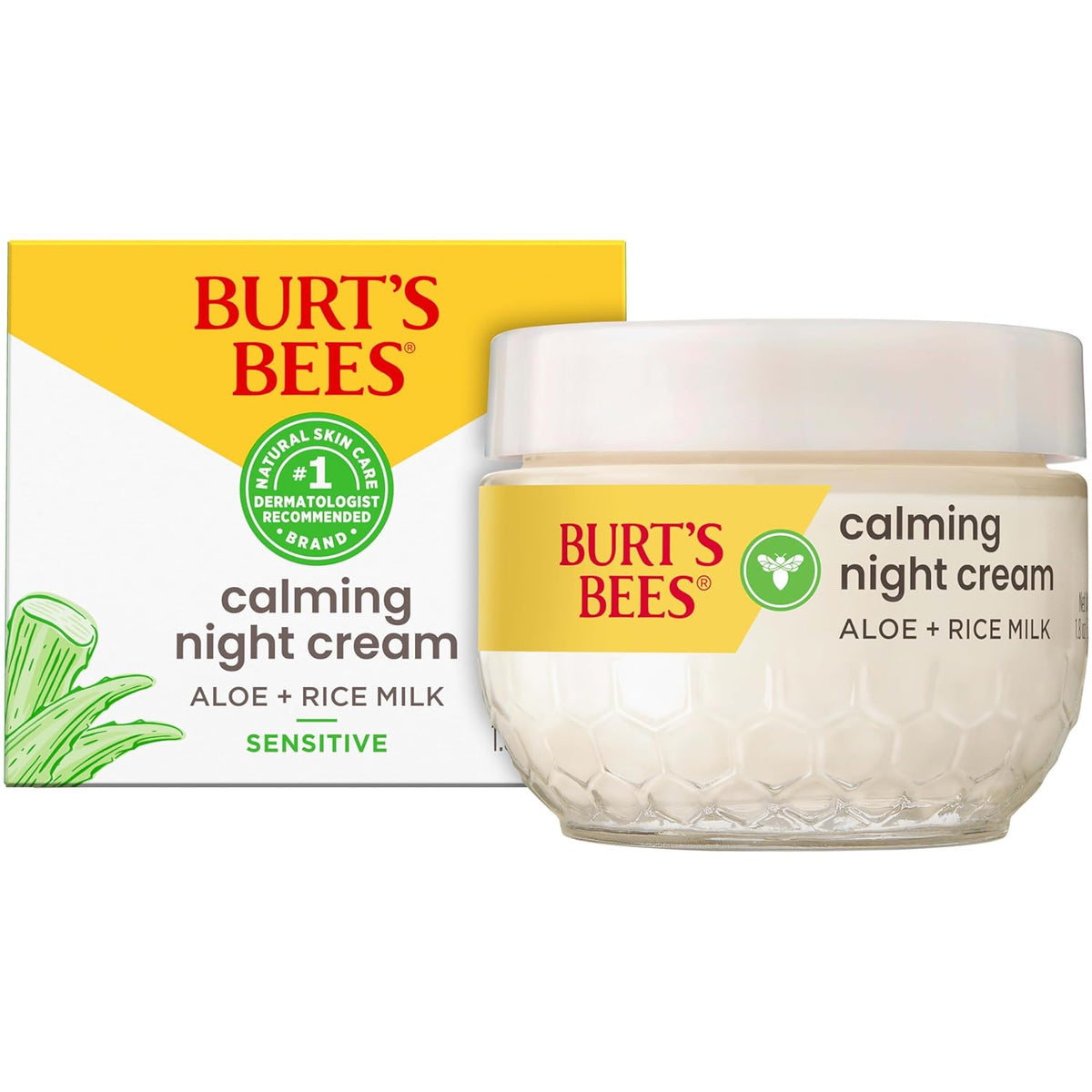 Burt's Bees Calming Night Cream With Aloe and Rice Milk, Face Moisturizer For Sensitive Skin